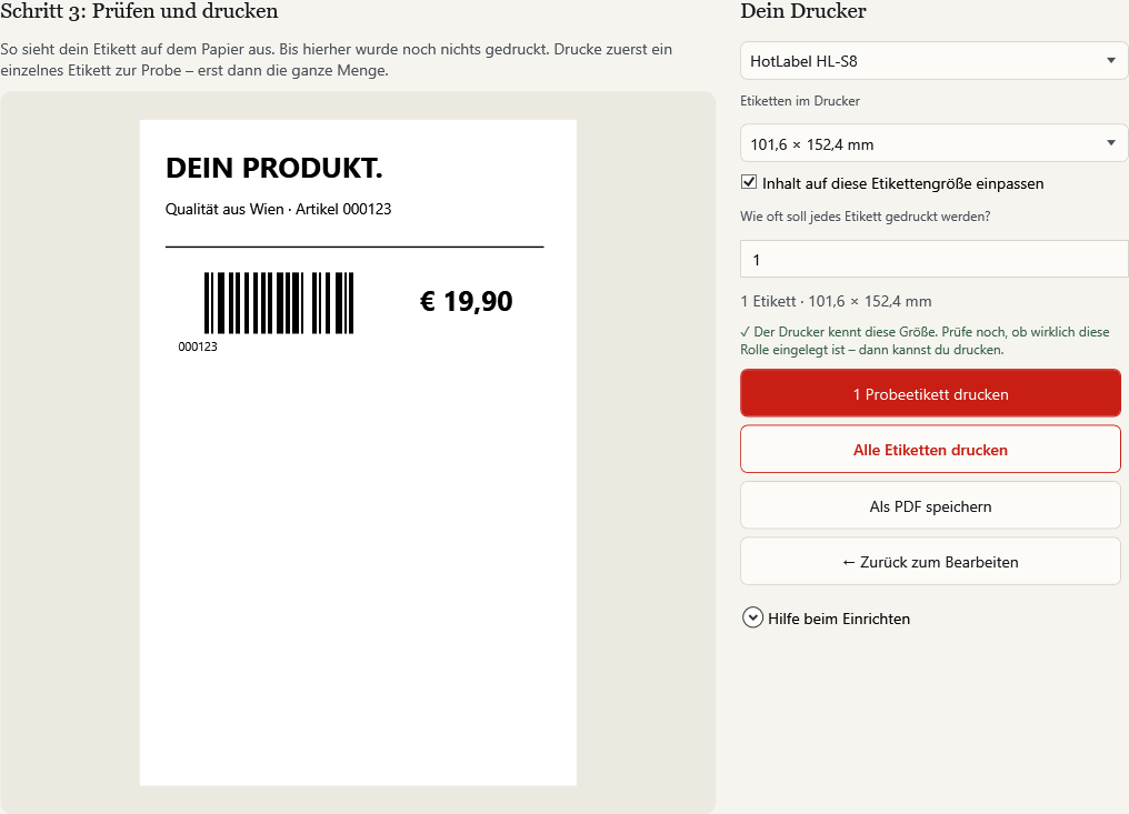 Die Druckvorschau von 1.wien Label Studio mit Etikettenvorschau links und Druckereinstellungen rechts.