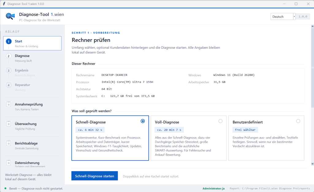 Startbildschirm des Diagnose-Tools 1.wien mit ausgelesenen Rechnerdaten und der Wahl zwischen Schnell-Diagnose, Voll-Diagnose und benutzerdefinierter Prüfung