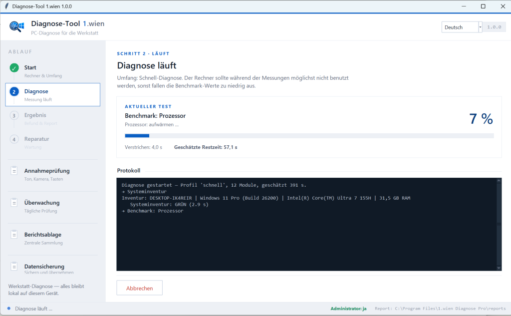 Diagnose-Tool 1.wien während der Messung: Fortschritt des Prozessor-Benchmarks mit Restzeit und mitlaufendem Protokoll