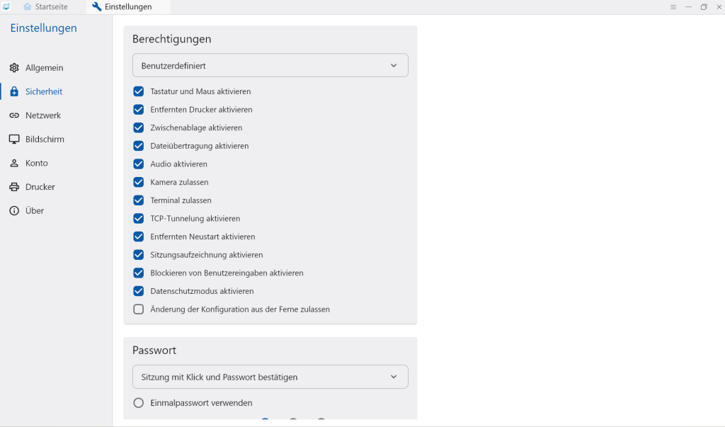 RS1-Einstellungen, Bereich Sicherheit: einzeln abschaltbare Berechtigungen für Tastatur und Maus, Drucker, Zwischenablage, Dateiübertragung, Audio, Kamera, Terminal und Sitzungsaufzeichnung.