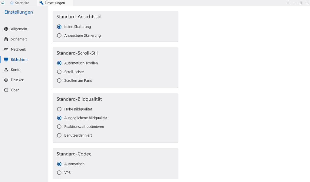 RS1-Einstellungen, Bereich Bildschirm: Ansichtsstil, Scroll-Verhalten, Bildqualität und Codec-Auswahl für die Fernwartungssitzung.