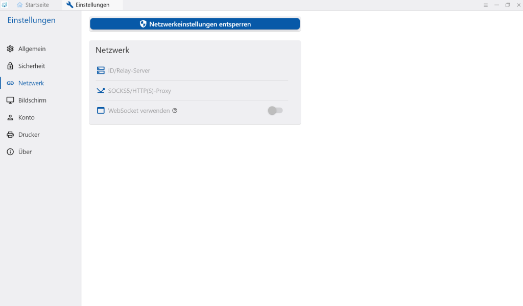 RS1-Einstellungen, Bereich Netzwerk: die Felder für ID- und Relay-Server sind gesperrt und müssen erst freigeschaltet werden.