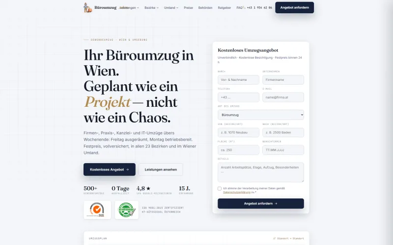 Screenshot der Website bueroumzug.wien
